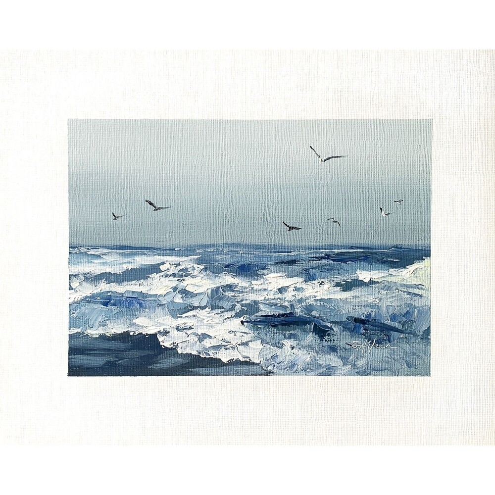 8x10 Original Oil Painting Seascape Birds Ocean Waves Coastal Art Summer Signed